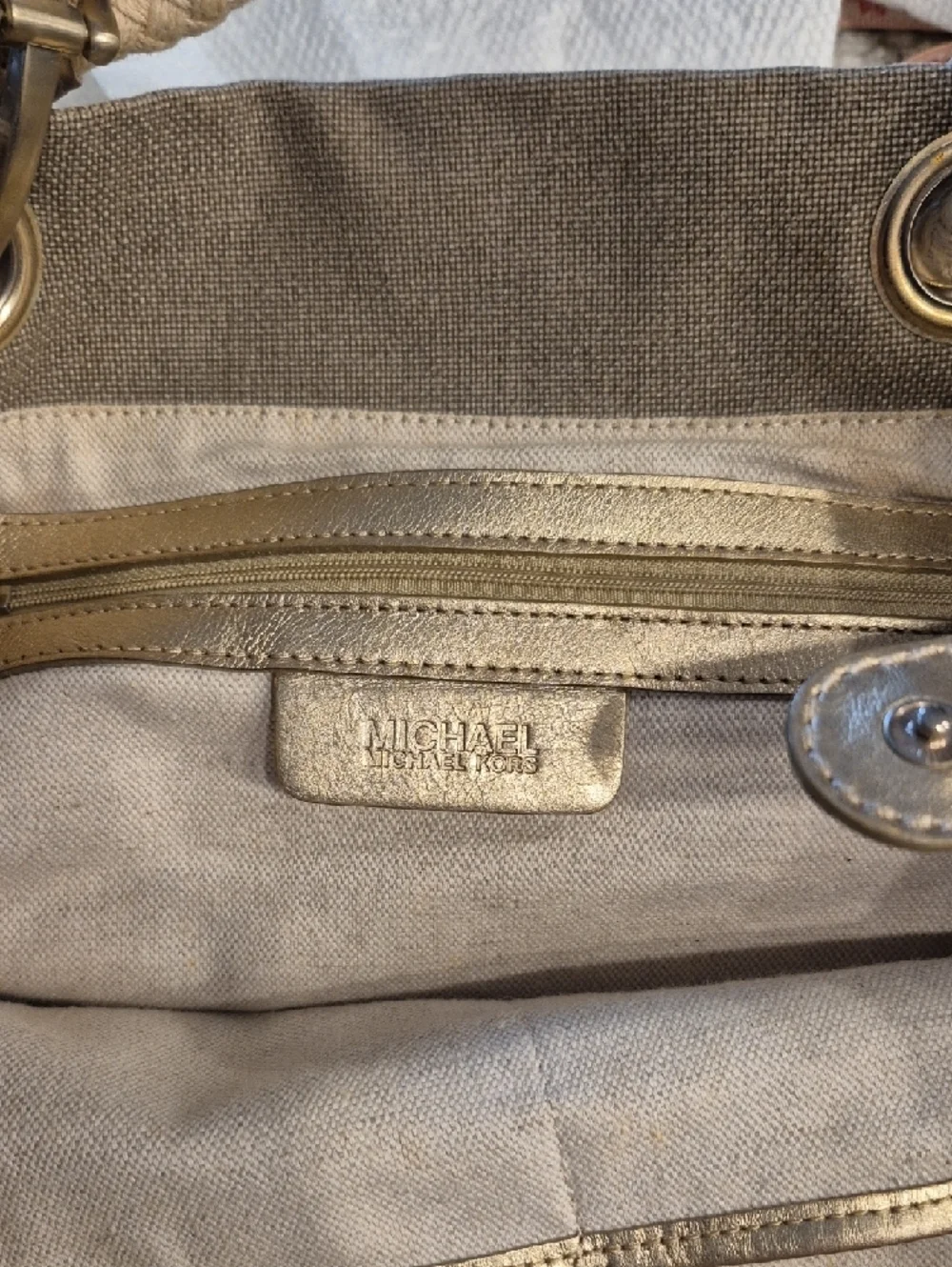 Michael Kors Beige-Tan Rope Handle Shoulder Bag With Gold Leather Trim